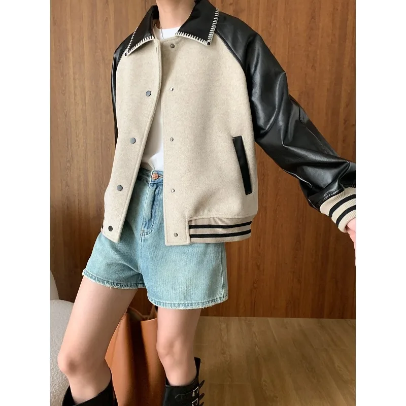 

American College Style Contrast Color Splicing PU Leather Baseball Jacket 2024 Early Autumn New Coat