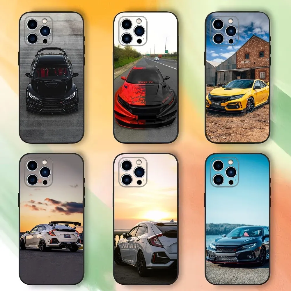 T- Type R C- Civic Sport Car Phone Case For iPhone 16,15,14,13,12,11 Plus,Pro Max,XS,X,XR,SE,Mini,8,7，Soft Silicone Black Cover