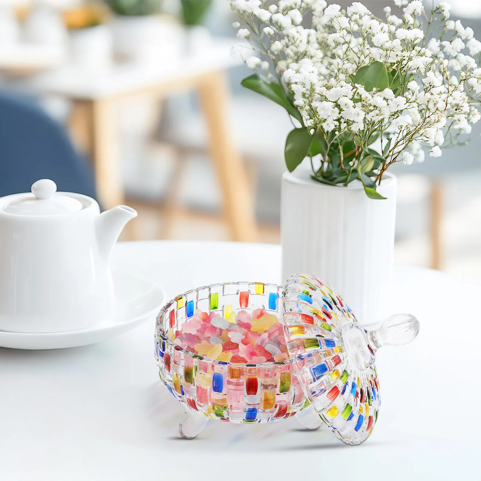 

Colorful Woven Glass Candy Dish Lid Elegant Design Transparent Material Eyecatching Color Contrast Great Sealing Performance