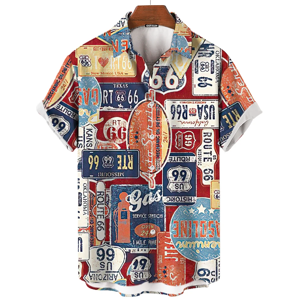 Motorcycle Tees Route 66 Print Short Sleeve Top Vintage Men'S Shirts Summer Clothing Multiple Pattern Shirt Oversized Streetwear