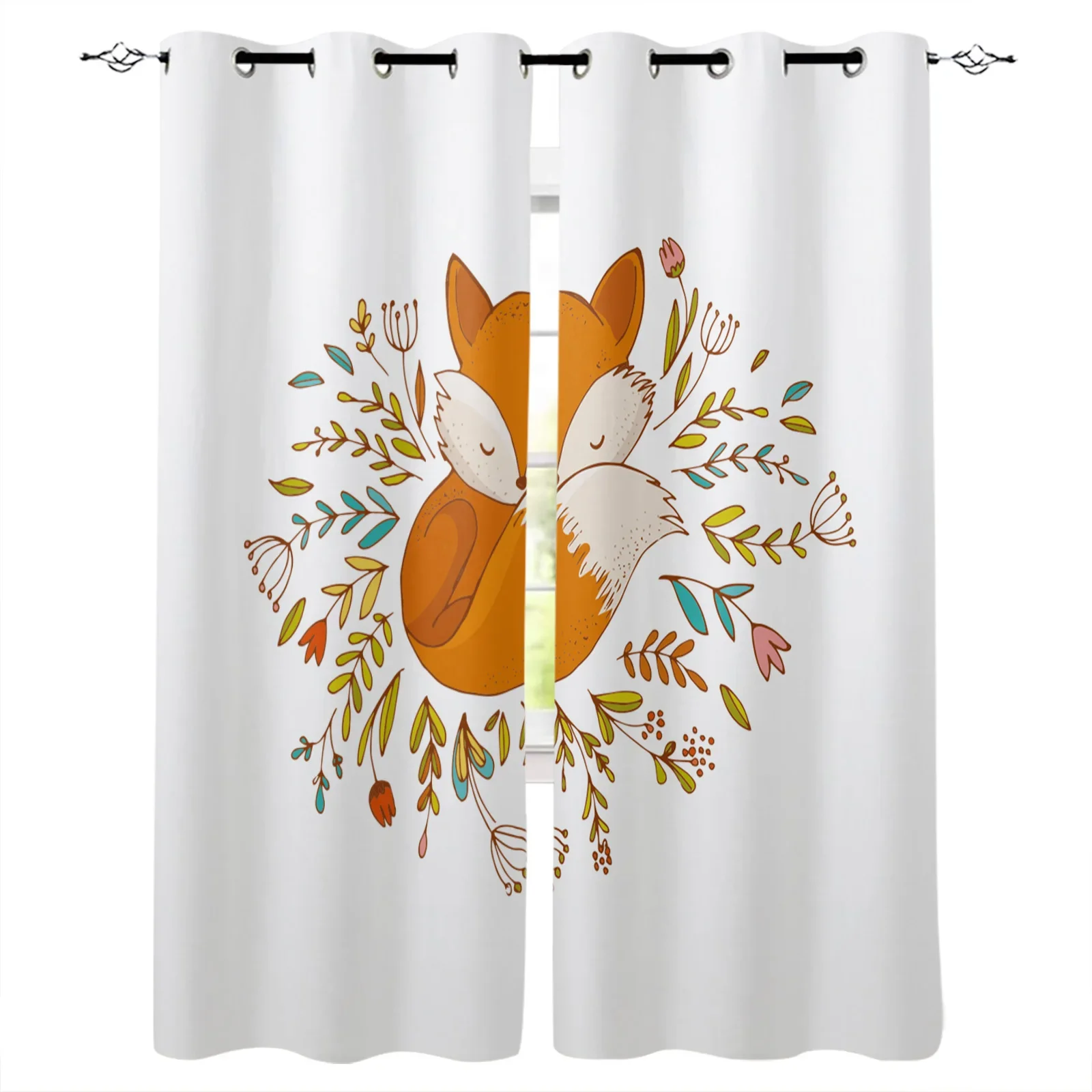 Animal Cute Fox Flower White Blackout Curtains Window Curtains For Bedroom Living Room Decor Window Treatments