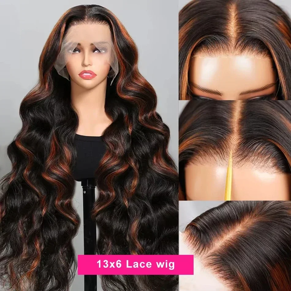 Wig Rambut Asli Highlight Body Wave 13x6 HD Omber Lace Front Pre Plucked 1B/30 Hitam Coklat 13x4 Lace Frontal Wig 100%