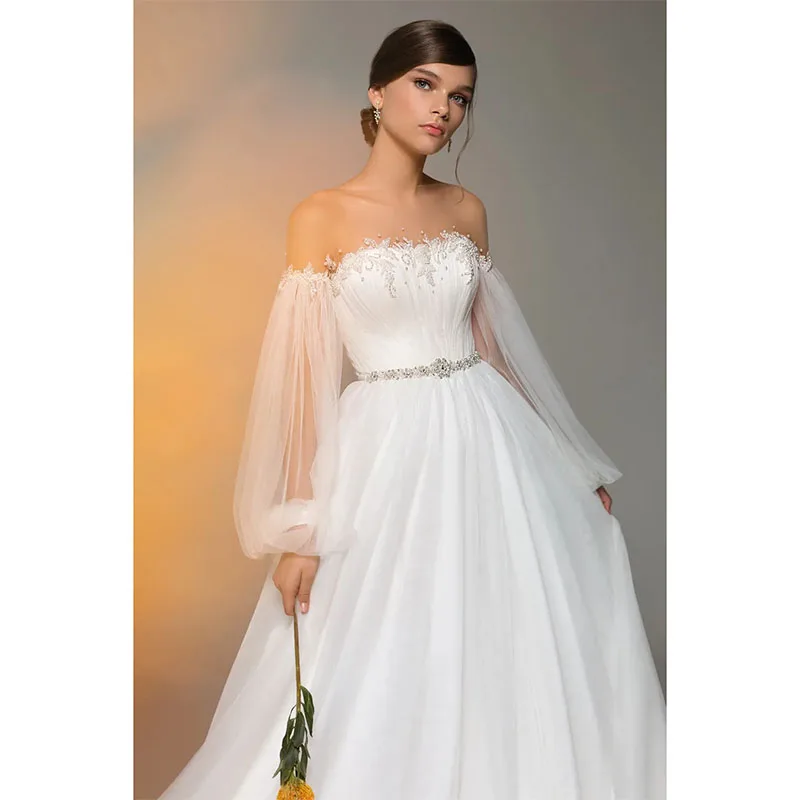 Exquisite A Line Wedding Dresses for Bride See Thr Lantern Sleeve Bridal Dress Beaded Wedding Annversary Gowns for Women