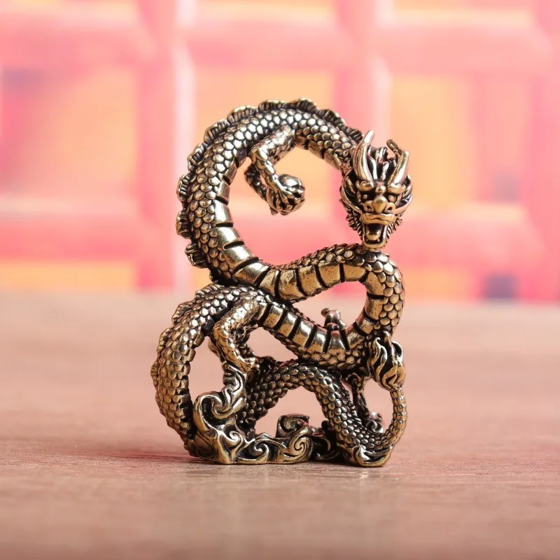 Vintage Brass Chinese Coiled Dragon Figurine Mini Dragon Holding Pearl Statue Desktop Ornament Retro Feng Shui Collectible