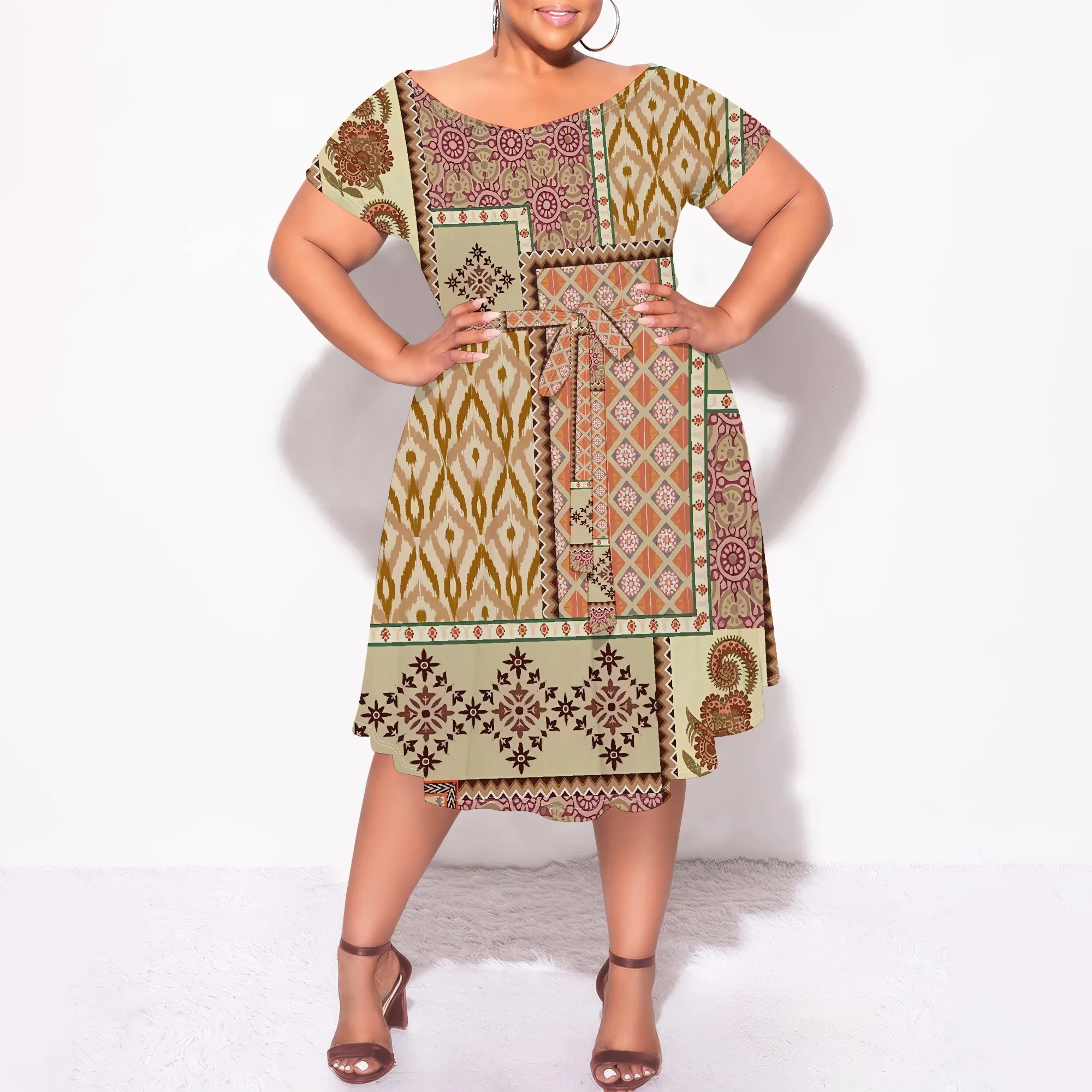 

Nupusa Patchwork Print Dress for Women Plus Size Summer Casual Off - Shoulder Short Sleeve Dress