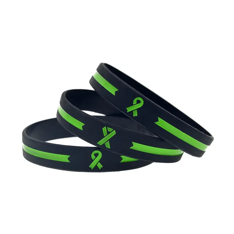 Green Line and Cancer Ribbon Silicone Wristband Adult Size 3 Pcs