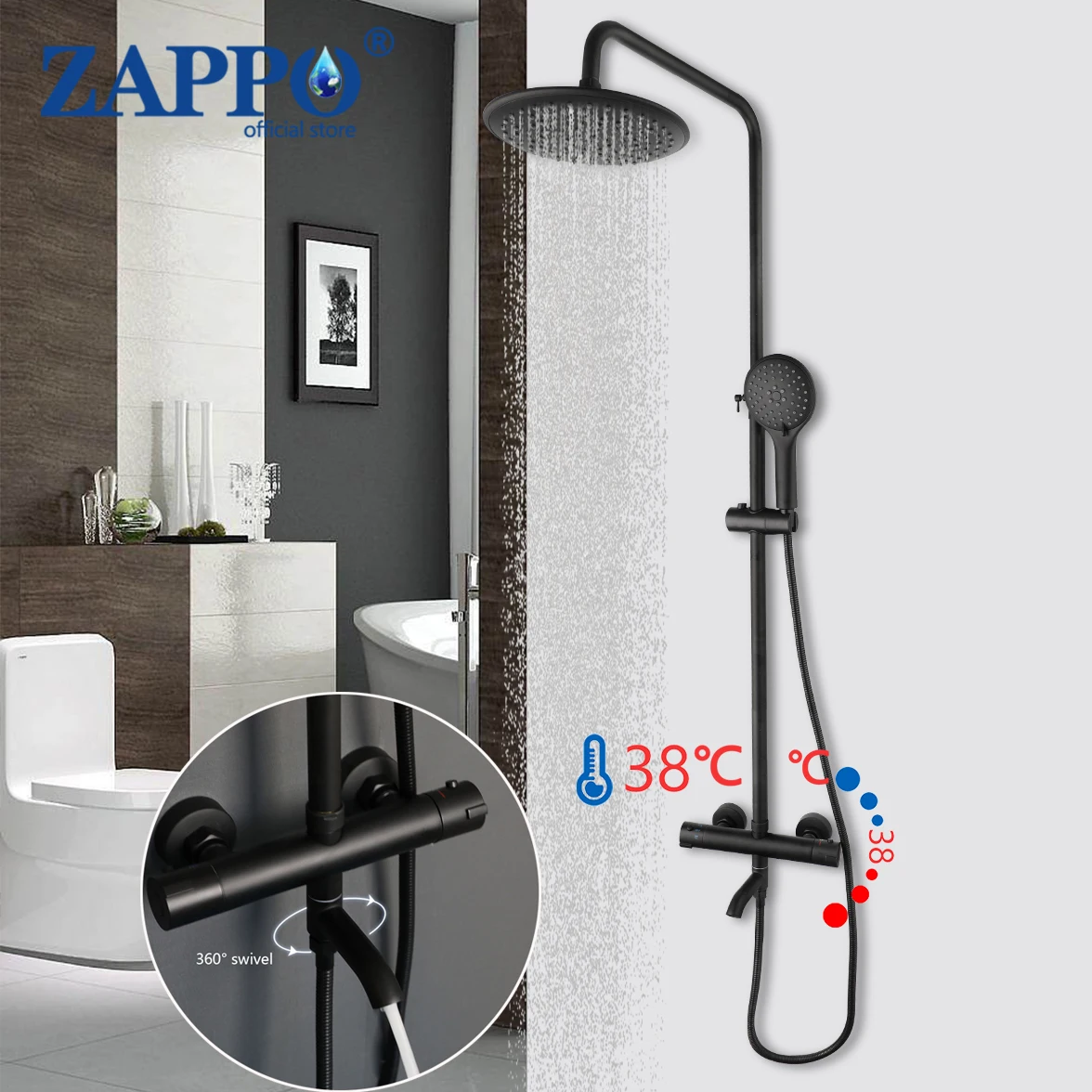 

ZAPPO Black Thermostatic Shower Faucet Set Rainfall Multiple Types Long Spout Bathtub Tap With High Spray Bathroom Faucets Wall