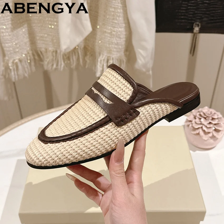 

2026 Cane Weave Leather Flat Half Slippers Women String Bead Decor Slides Casual Shoes Women Round Toe Women's Slippers