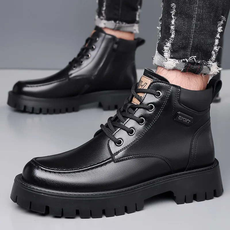 Stivali da uomo con plateau in velluto in pelle retrò Moda Stivali da neve da uomo caldi invernali con suola morbida Designer Scarpe da lavoro in cotone nero Uomo