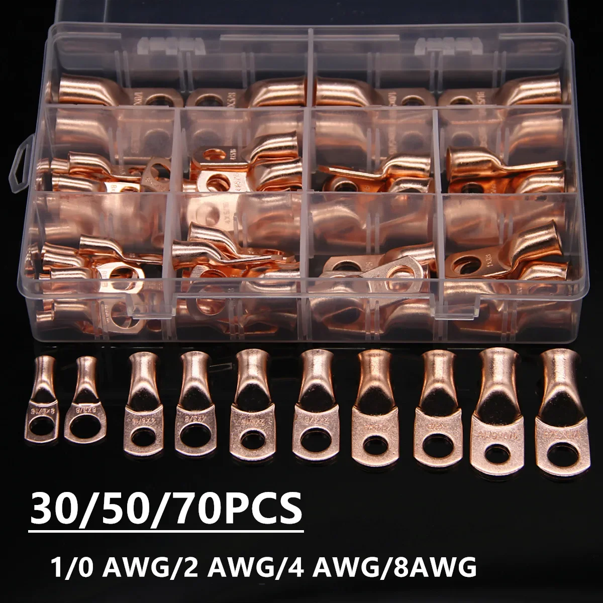 70/50/30PCS M6/M8/M10 Wire Ring Lugs Bare Copper 1/0,2,4,8AWG Gauge Connectors Crimp Terminals Assorted Kit