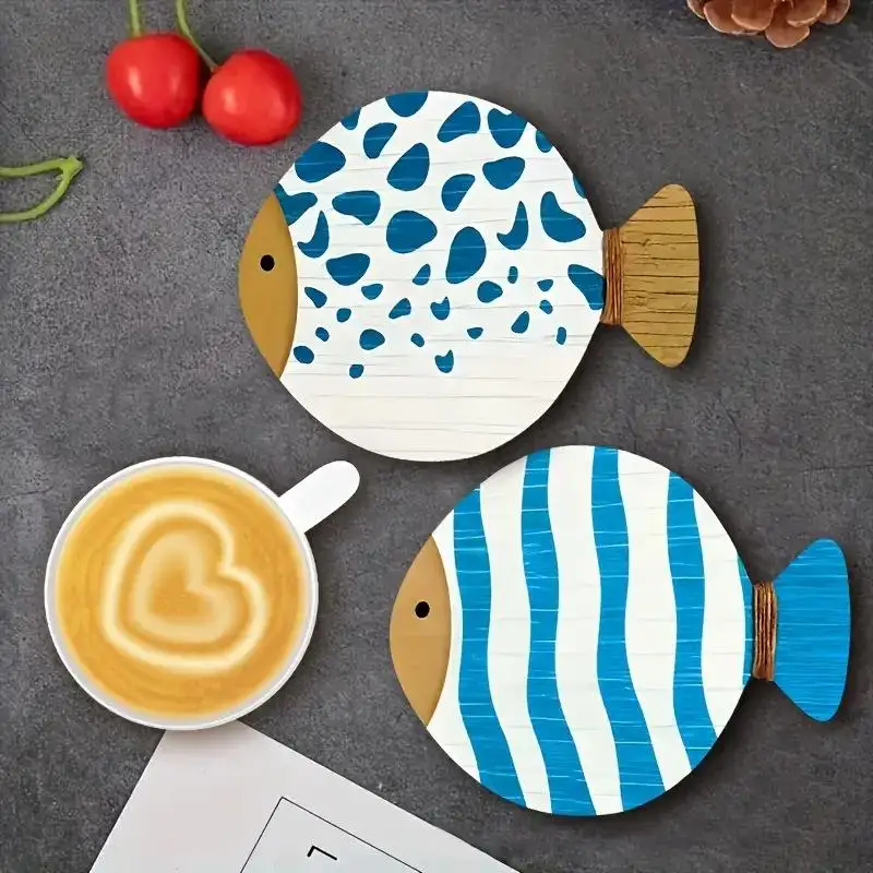 4pcs/set Cute Funny Whimsical Fish-Shaped Wooden Coasters Heat-Resistant For Coffee & Tea Lovers