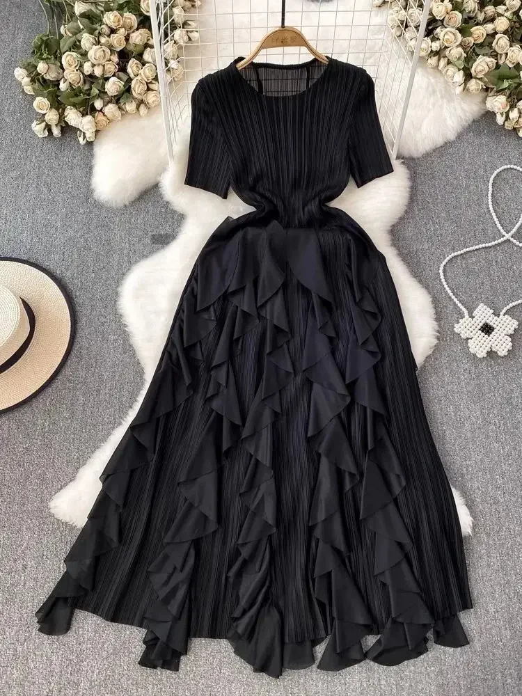 2025 verão novo elegante babados camada bolo vestidos miyake manga curta plissado a linha de alta estiramento festa midi vestido para mulher