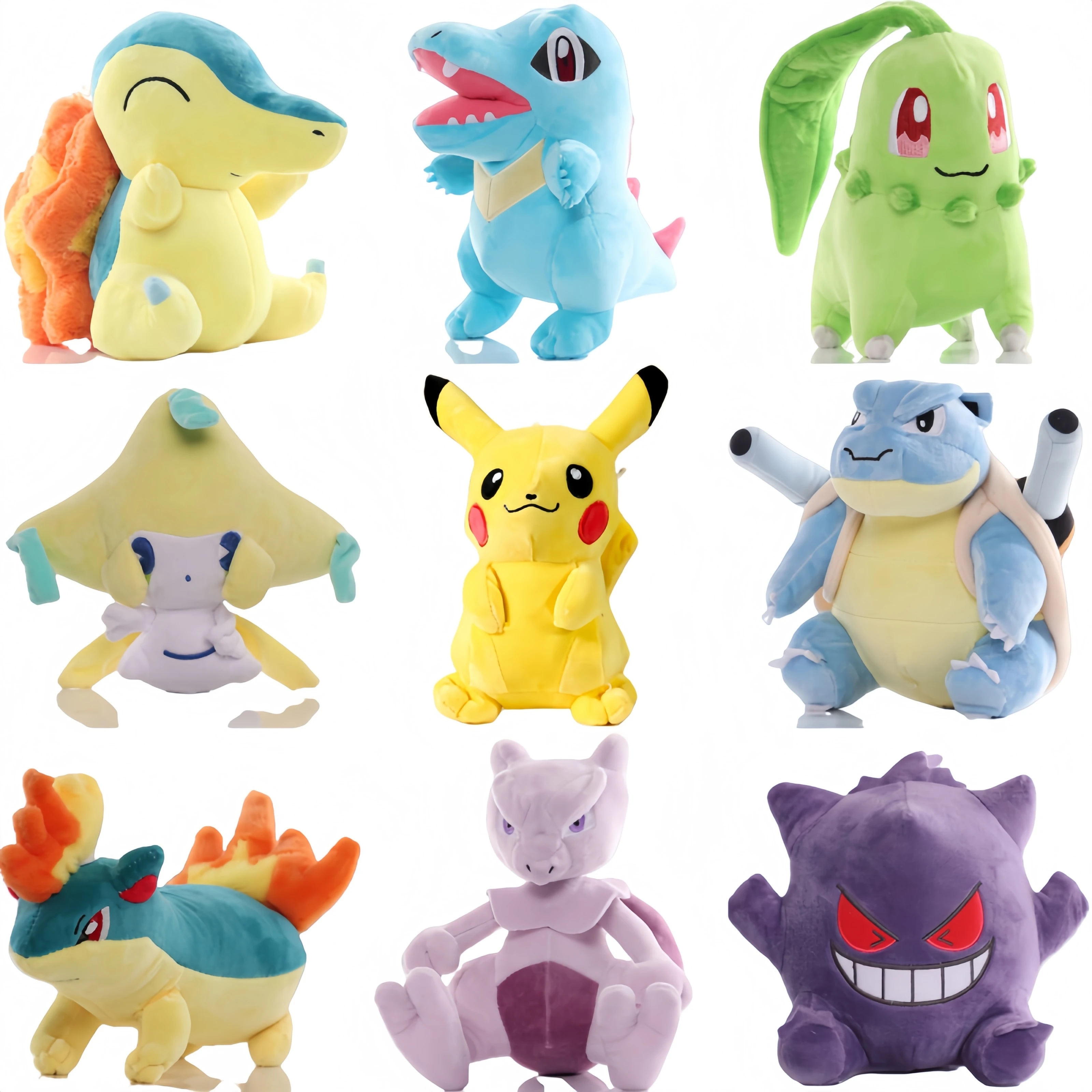 Pokemon pikachu quilava cyndaquil pelúcia totodile jirachi chikorita mewtwo brinquedos gengar blastoise mewtwo boneca de pelúcia presentes do miúdo