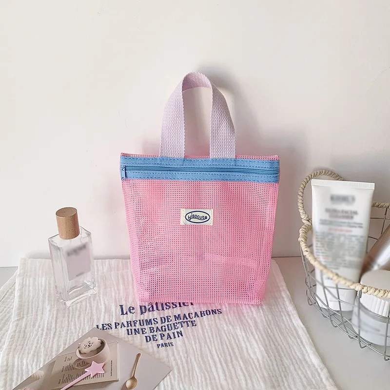 INS สไตล์สีสดใสสดใสฤดูร้อนตาข่าย Tote กระเป๋ากระเป๋าเครื่องสําอางขนาดเล็กกระเป๋าถือพับได้แบบพกพากระเป๋าผู้หญิงกระเป๋าชายหาด