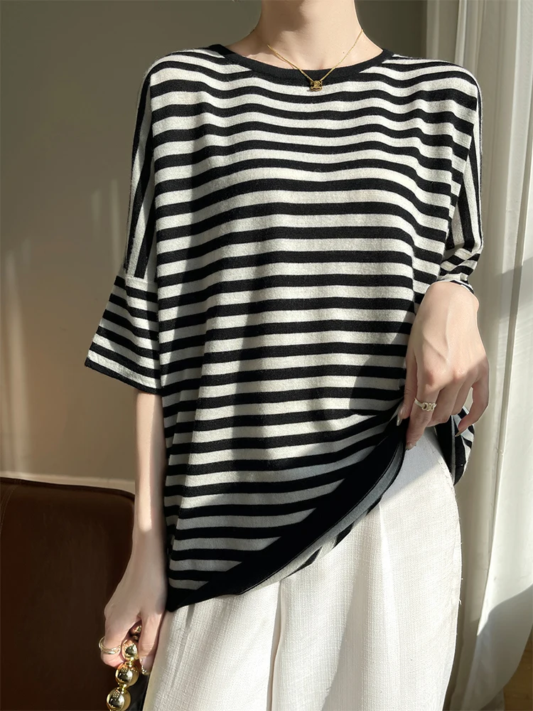 ADDONEE  New Chic Women O-neck Striped Half Sleeve T-shirt Spring Summer Casual Pullover Sweater 30% Merino Wool Knitwear Tops