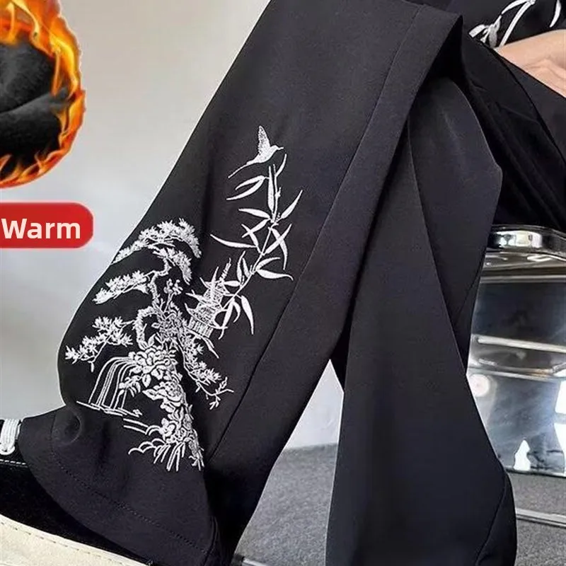 

Мужские повседневные брюки из бамбука с узором Fce на подкладке, широкие брюки, свободные теплые брюки прямого кроя на осень и зиму