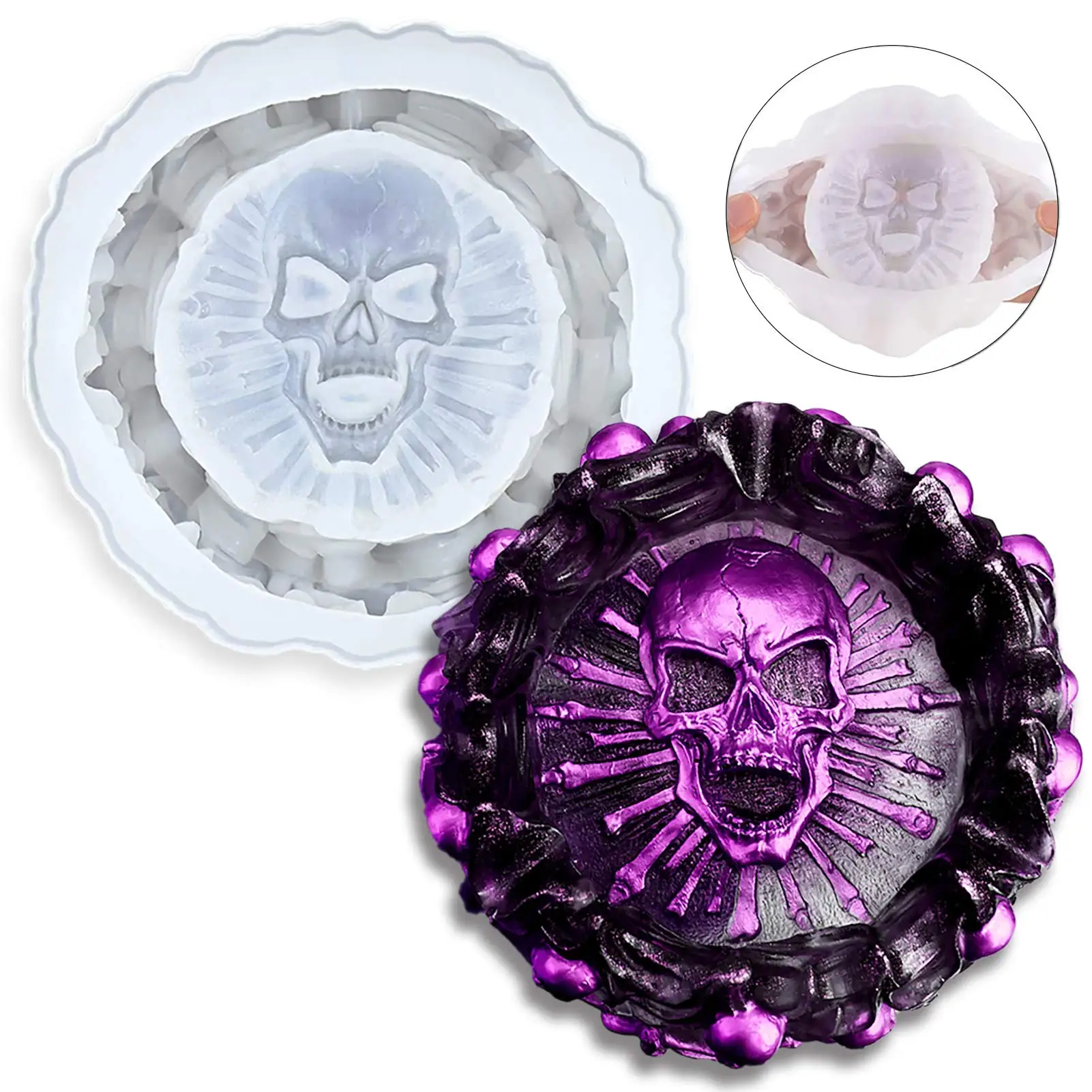 Silicone Ashtray Mold Halloween Skull DIY Craft Gift Epoxy Resin Casting Molds Jewelry Storage Mould for Party Home Decoration