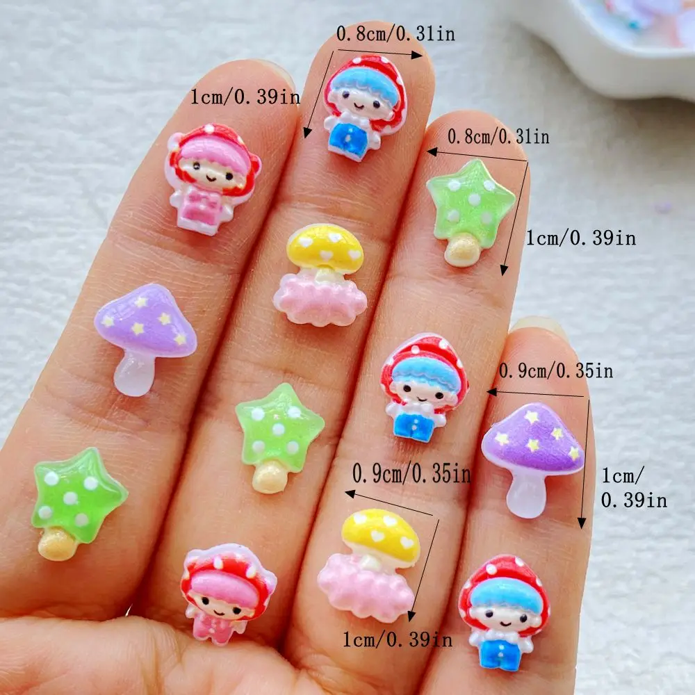 50Pcs Mixed Cute Mushroom Elf Resin Nail Charms Colorful Star Mushroom Mini Figurines DIY 3D Nail Art Decorations for Manicure