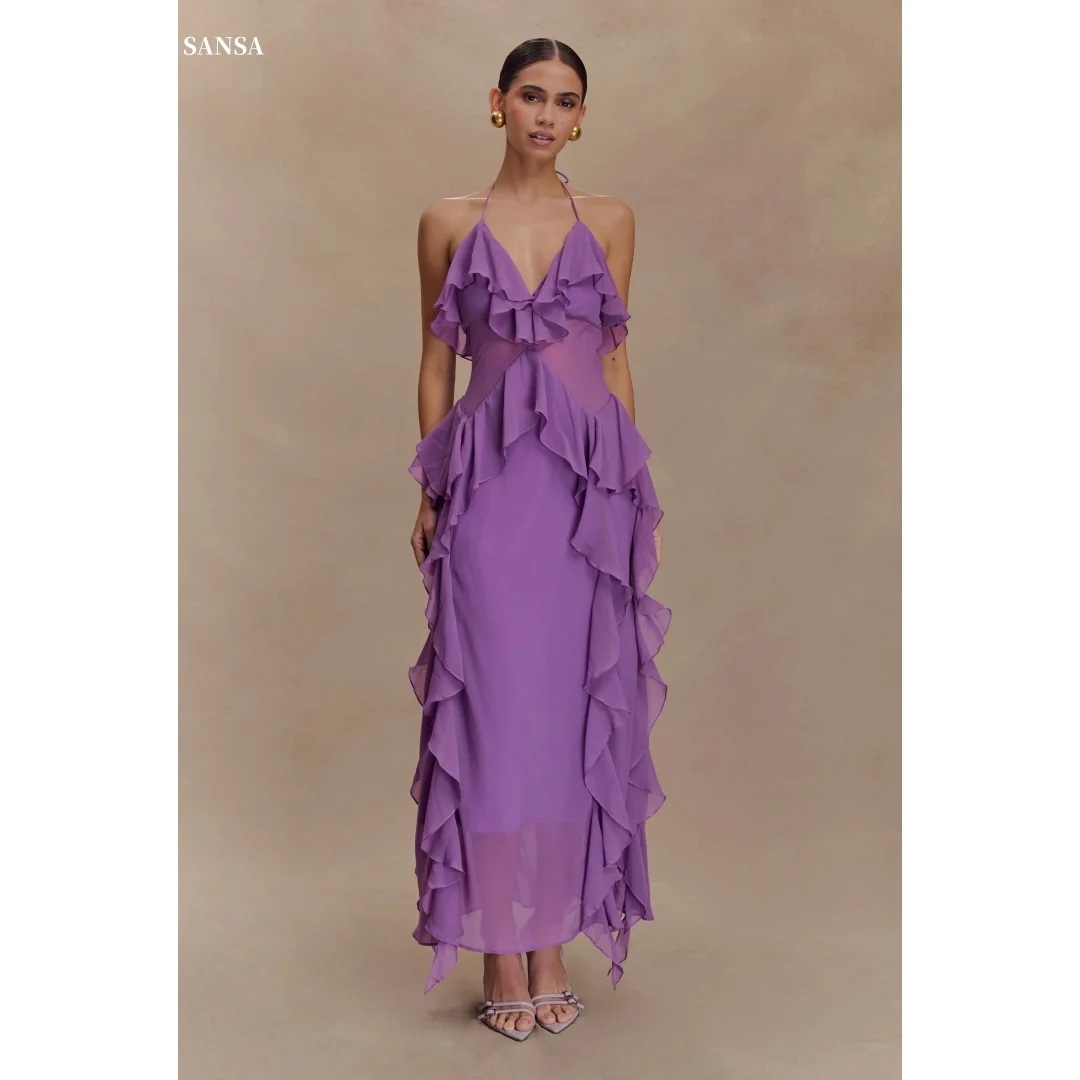 

Sansa Customized Purple Halter Neck Backless Prom Dresses Sleeveless فساتين للمناسبات الخاصة Ankle-Length vestidos de festa 2025