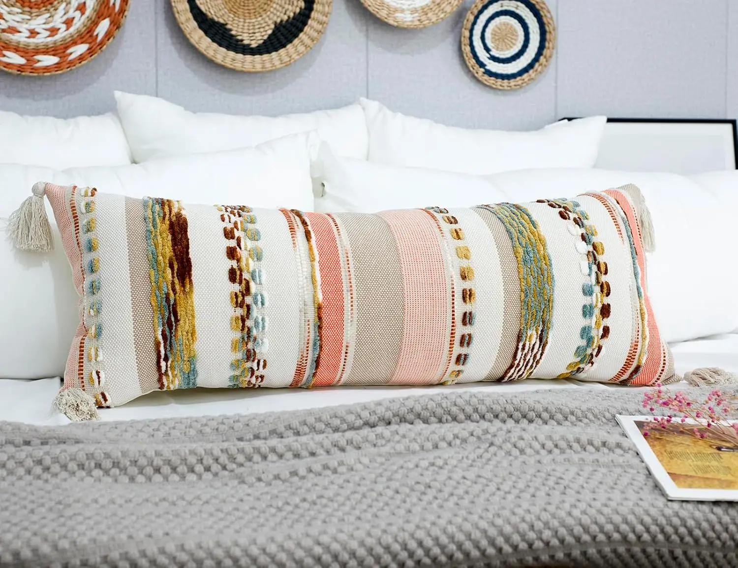 

Boho Long Lumbar Throw Pillow Cover 14 X 36 Orange, Chenille Morocan Extra Long Pillow Case Cover, Decorative Long Pillow For