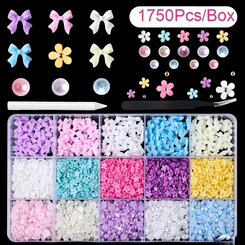 Breloques en résine pour Nail Art, nœud de ruban, fleur à cinq pétales, ensemble de perles évidées, accessoires de bijoux, bricolage mixte, 1000 pièces par boîte