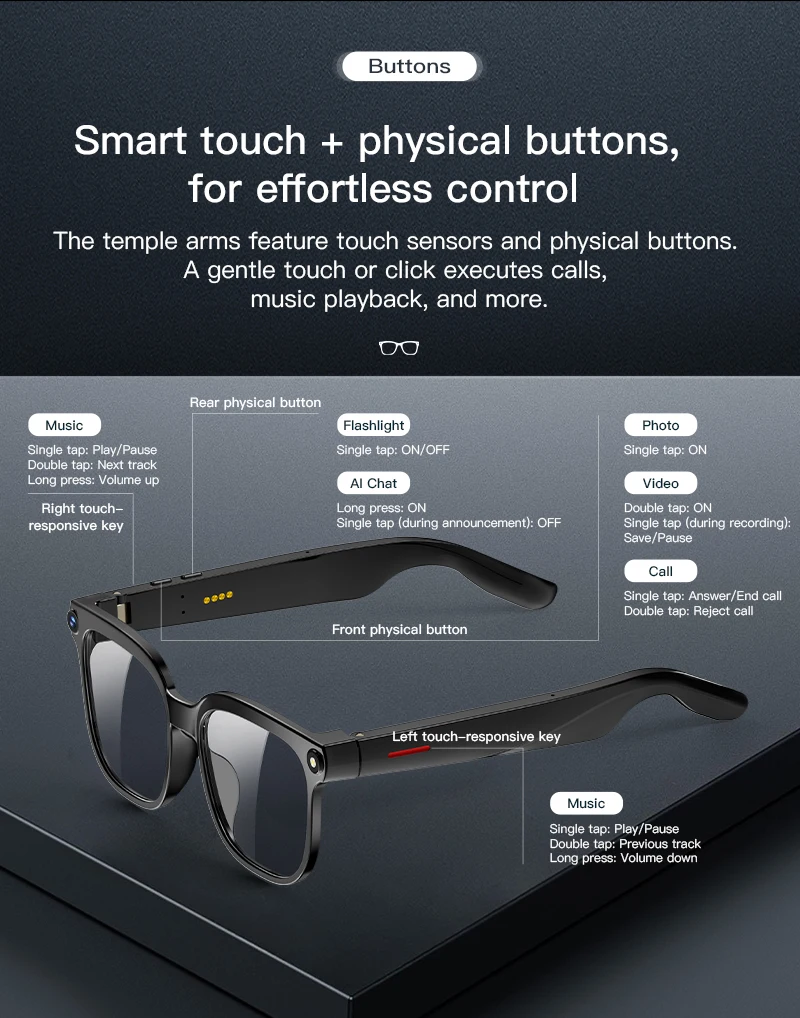 2026 Neue KI-Smart-Brille mit 800W HD-Kamera, 4K Anti-Shake-Video, 100+ Sprachübersetzung, Bluetooth-Anruffunktion, Musikplayer, Sonnenbrille für Herren – Detail 14