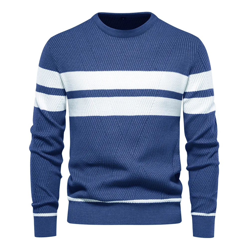 2024 Autumn and Winter Men\'s Casual Striped Men\'s Sweater Pullover Color Blocking Round Neck Men\'s European Size Knitwear