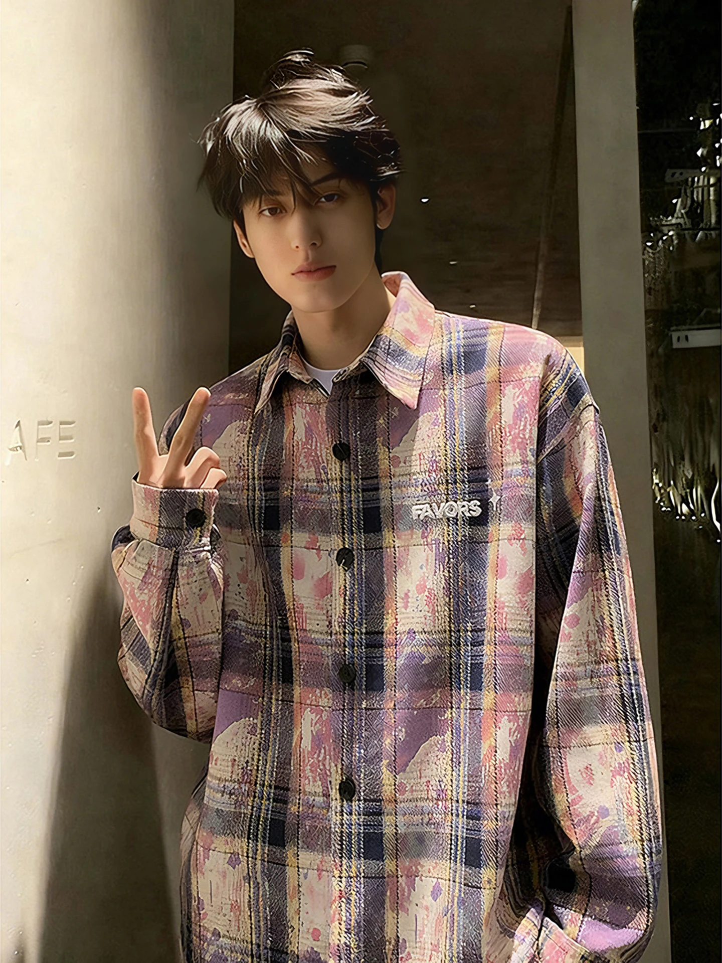 

Винтажная фиолетовая клетчатая рубашка с эффектом тай-дай для мужчин, весенняя повседневная верхняя одежда для пар, свободного кроя, с длинными рукавами, на пуговицах