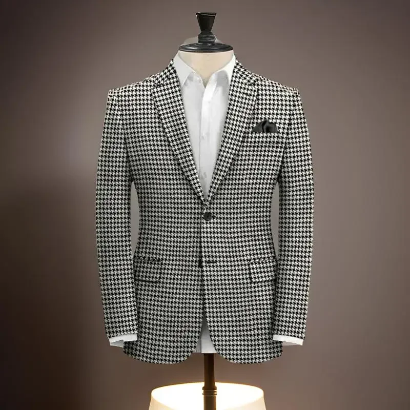 1 Piece Plaid Business Suit Jacket for Men Notch Lapel Houndstooth Male Blazer Slim Fit American Style Wedding Suit