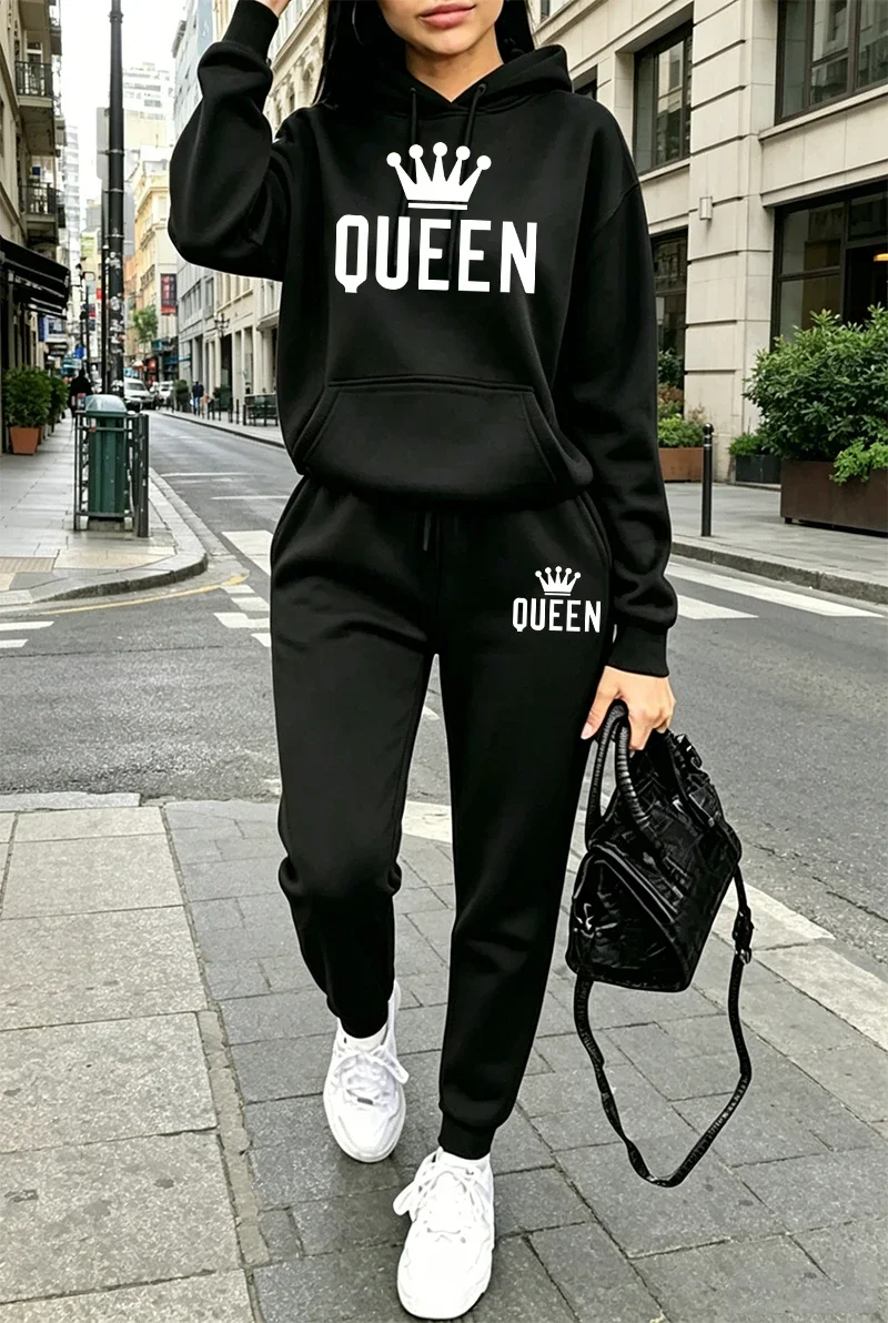 Queen Printing Women's Outfits Autumn Winter Casual Hooded Sweatshirts Daily Sports Jogging Clothing Street Single Hoodie Pants