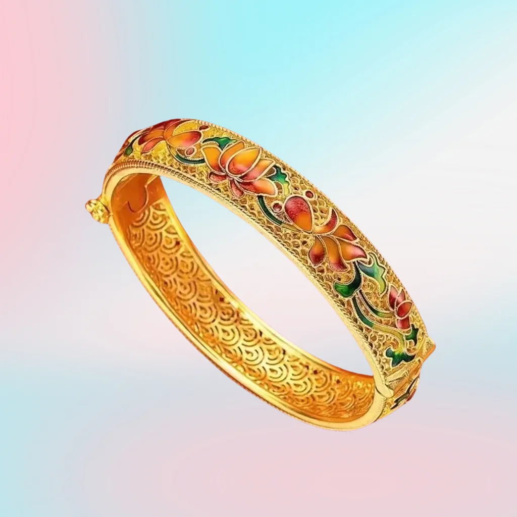 

NEW 9999 real gold 24K yellow gold Enamel Lotus Bracelet Buckle Lotus Bracelet