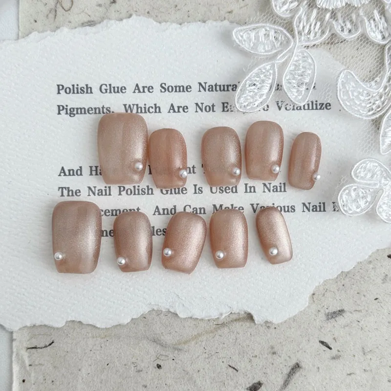 

10pcs Handmade Press On Nails Shimmering Nude with Pearl Accents Short Full Cover French Daily Wearable Artificial False Nail