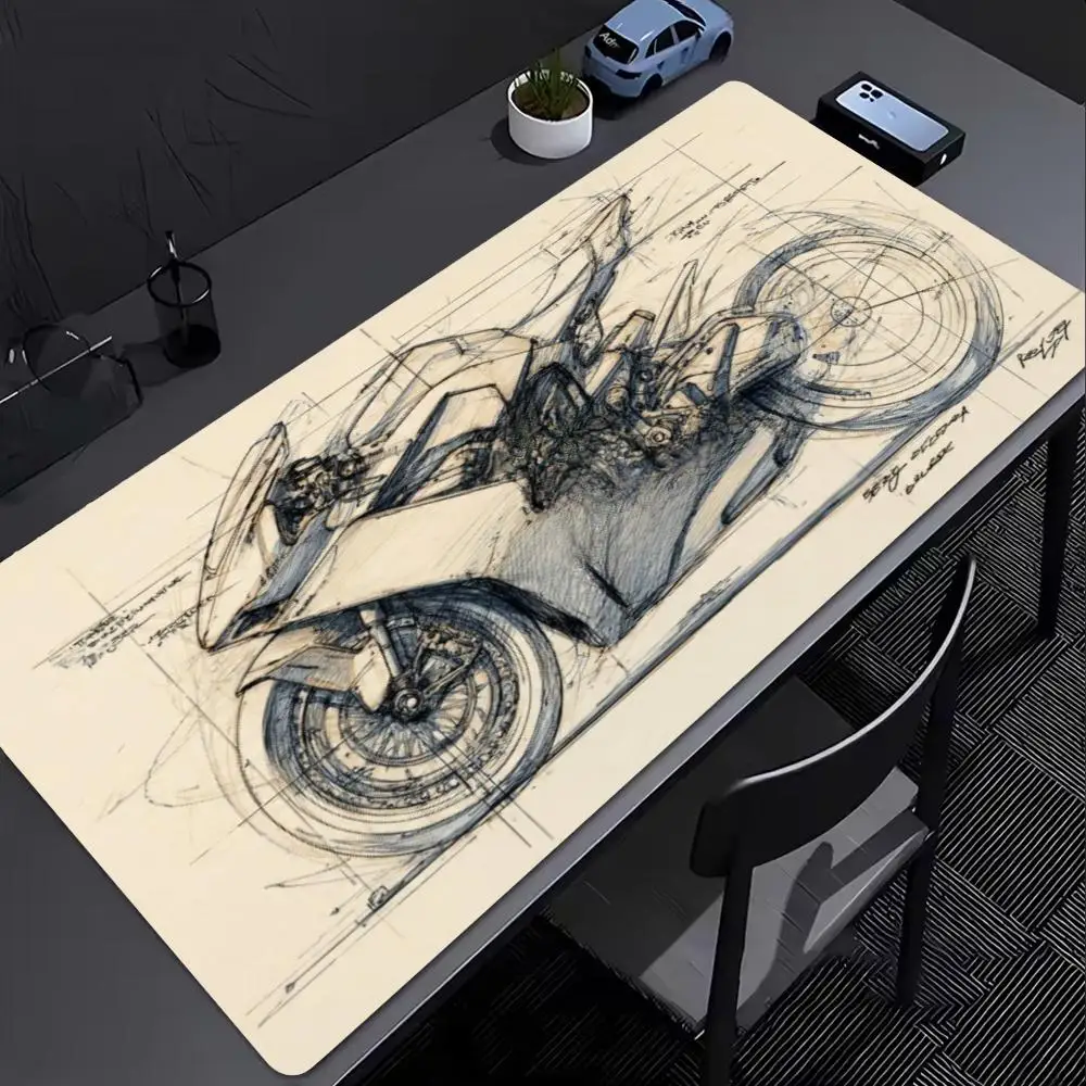 XXL Large Motorcycle Sketch Mouse Pad Bike Blueprint Deskmat Non-Slip Rubber Mat Gaming Desk Overlock Edge Motorbike Cushion