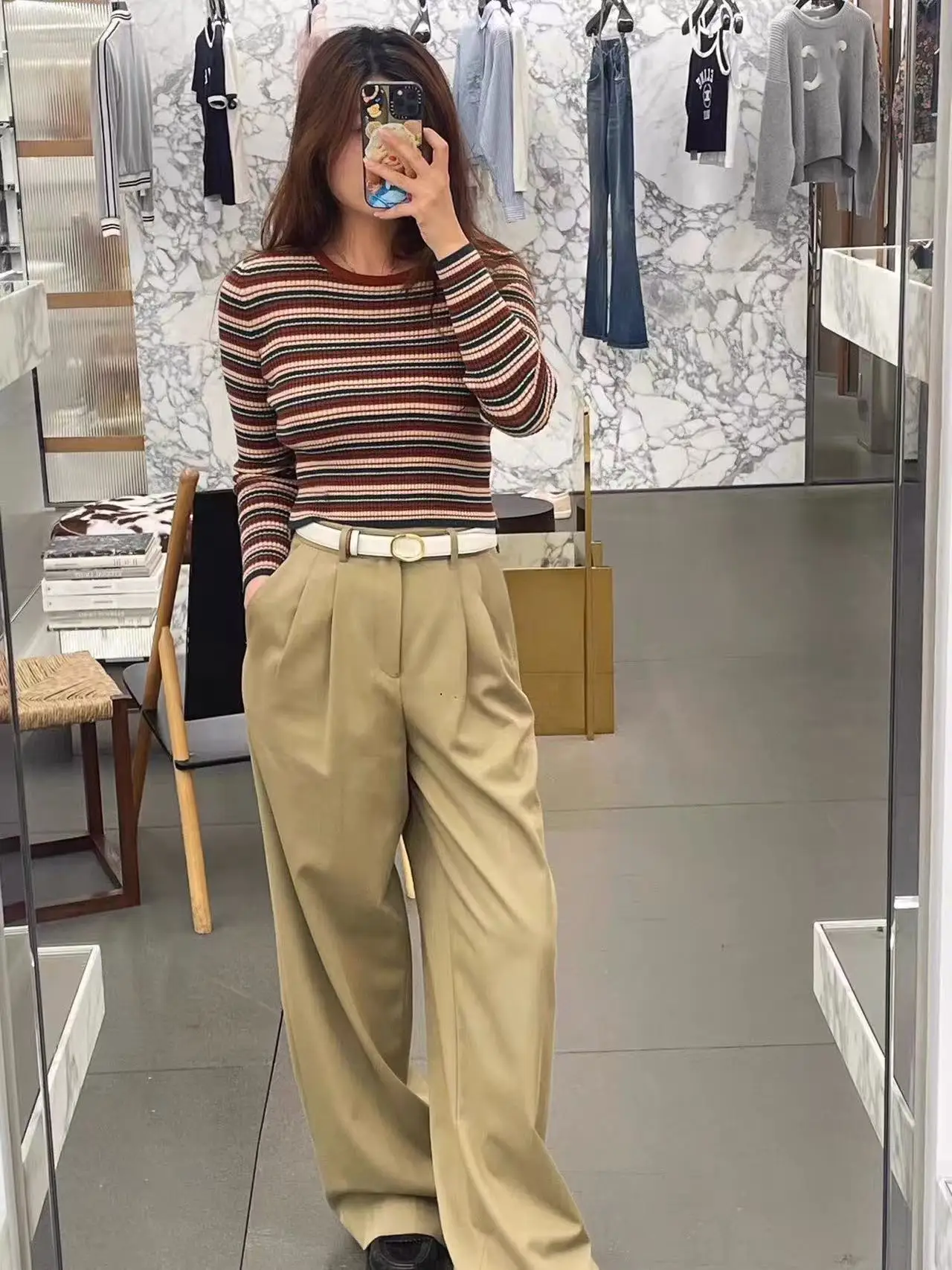 로티 가을 신상 니트 롱 스웨터 라운드넥 슬림핏 스웨터 자수 로고 스트라이프 캐주얼 울 혼방