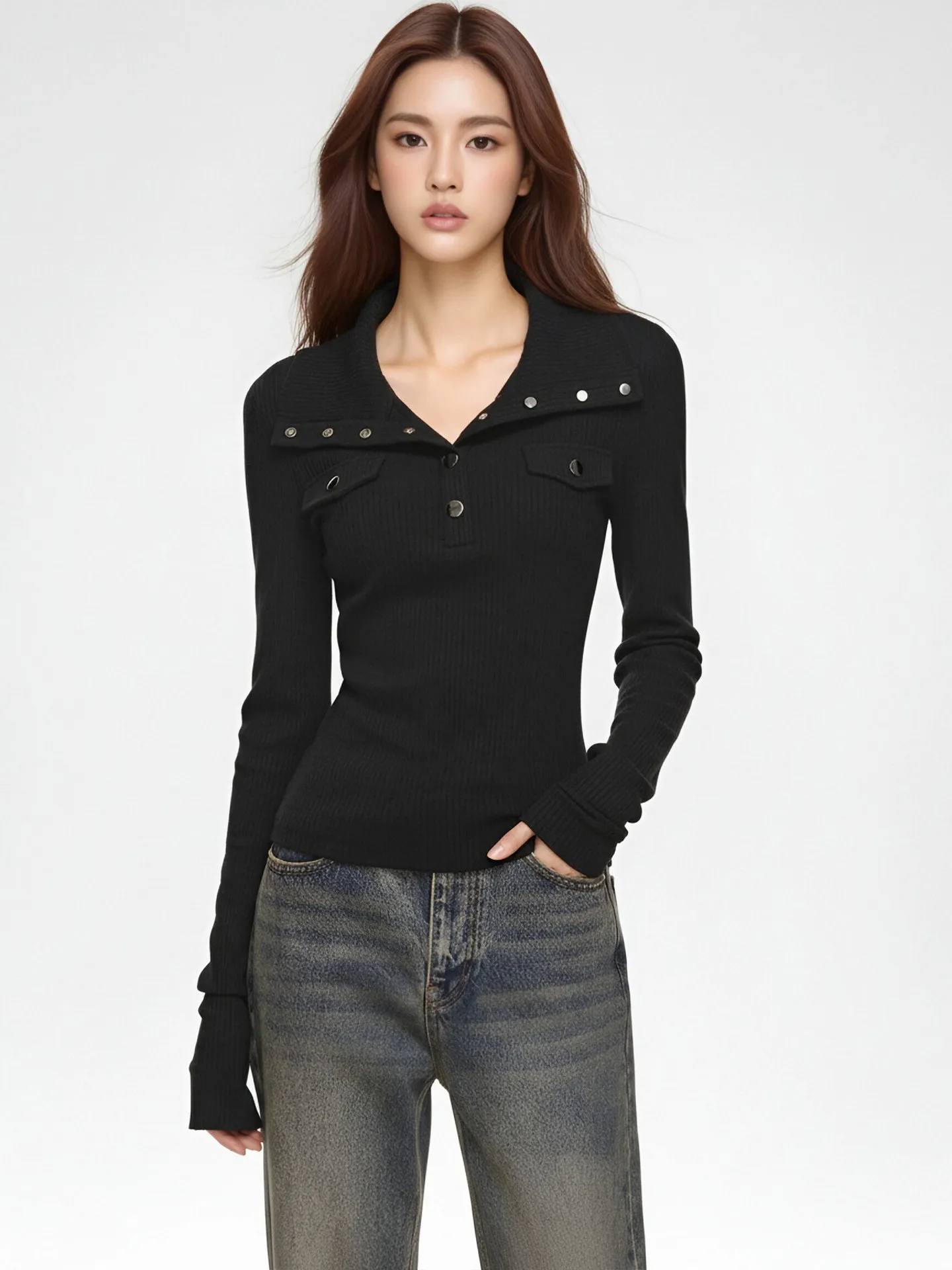Women's Black Gothic T-shirt Harajuku Korean Y2k 90s Vintage Long Sleeve Emo Torn T-shirts Clothes 2000s