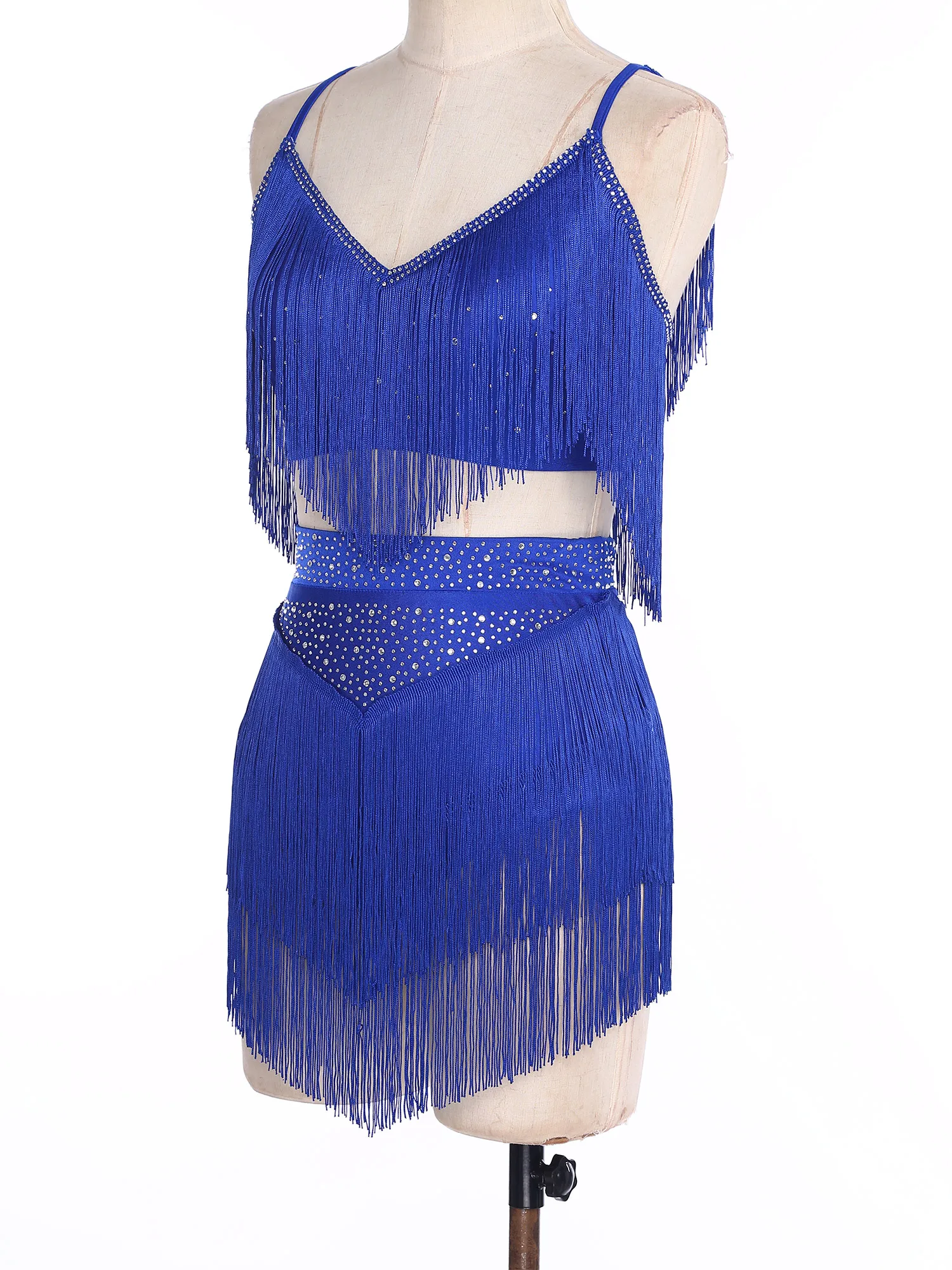 

Women Latin Dance Sets Professional Stage Performance Competition Costume Sleeveless Fringe Crop Top with Tiered Tassels Skirt