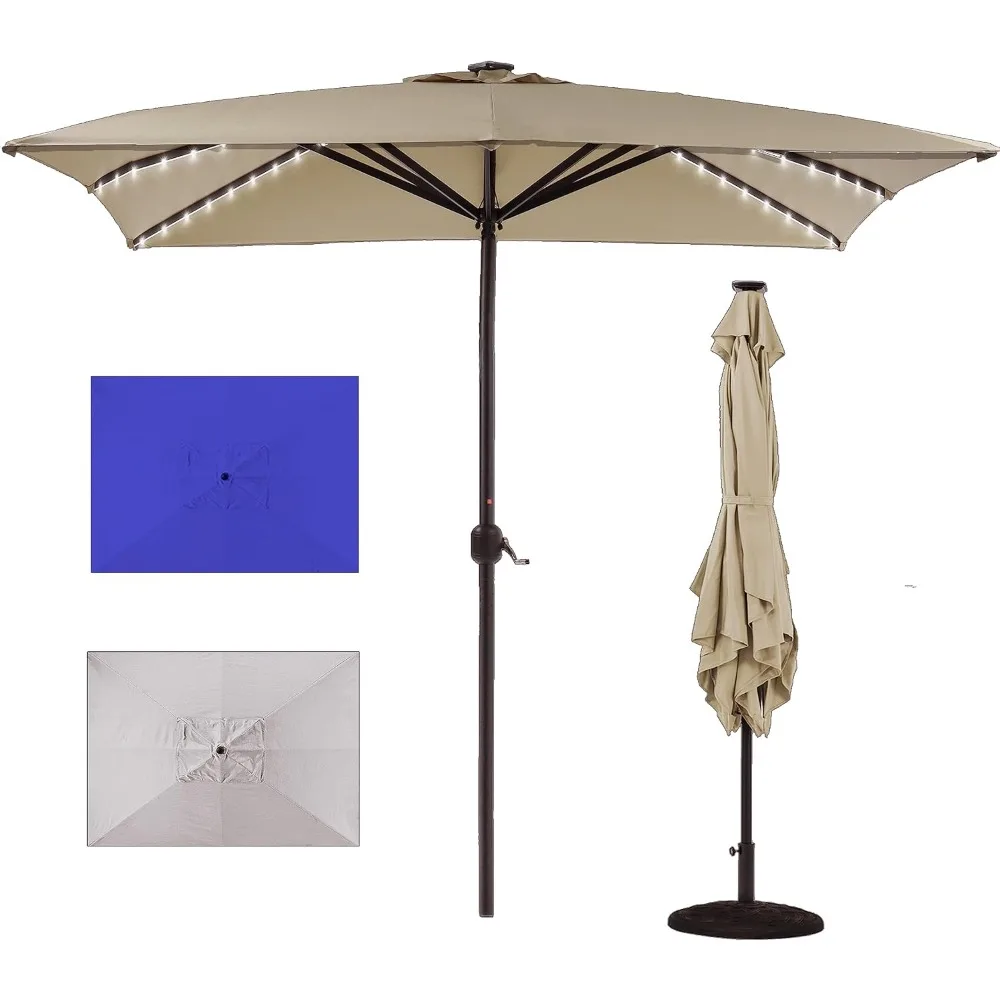 Rectangular Patio Umbrella 10 Feet Heavy Patio Desk Umbrella, Crank Lift Solar Light, Super Thick Wind Pole, Anti-UV Shield