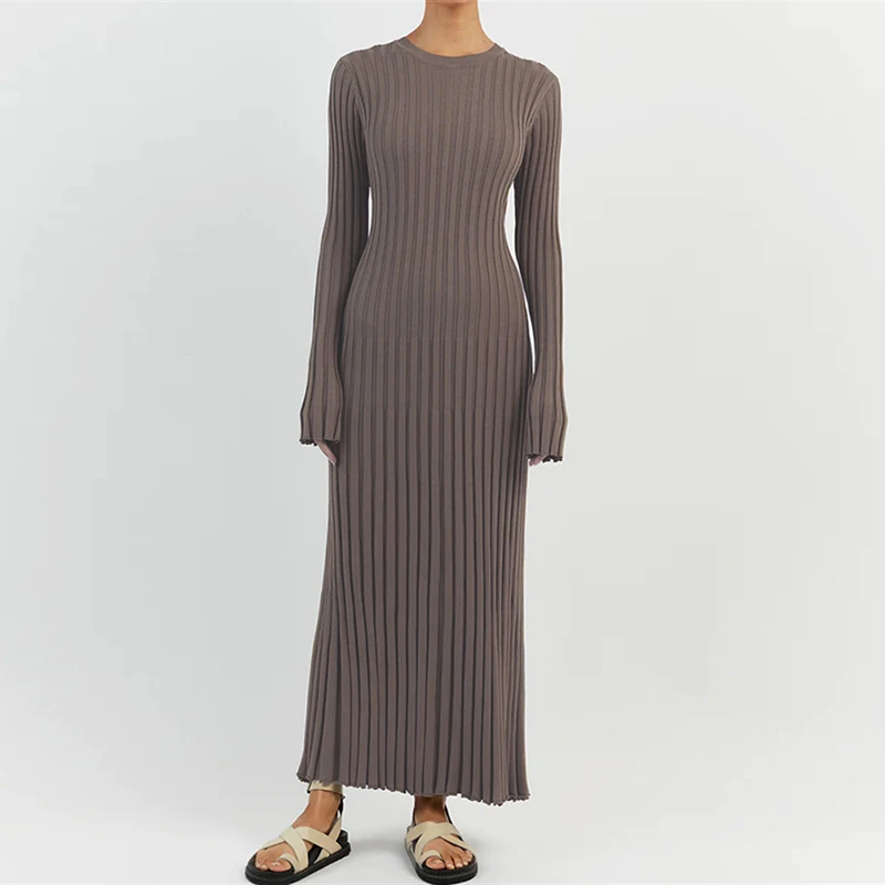 90s Vintage Tie Waist Dress Women Elegant Ribbed Full Sleeve Maxi Dress Crew Neck Bodycon Pencil Long Dress Streetwear 2024