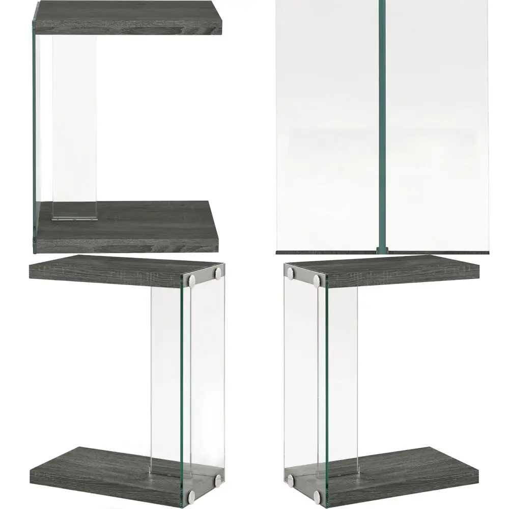 Table d'appoint en verre et bois d'ingénierie en forme de C, gris patiné, avec cadre trempé, pour salon, dessous de verre, ameublement de maison, Colby, 10