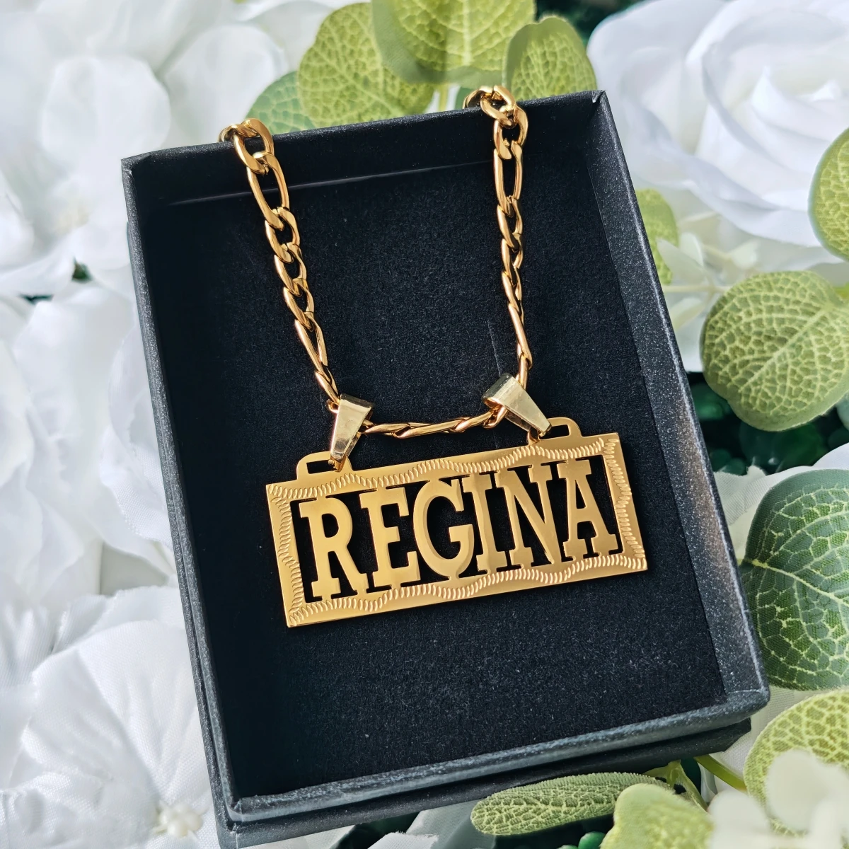 

Custom Personalized Name Necklace Hollow Letter Nameplate Figaro Chain Stainless Steel Jewelry Anniversary Gift For Women