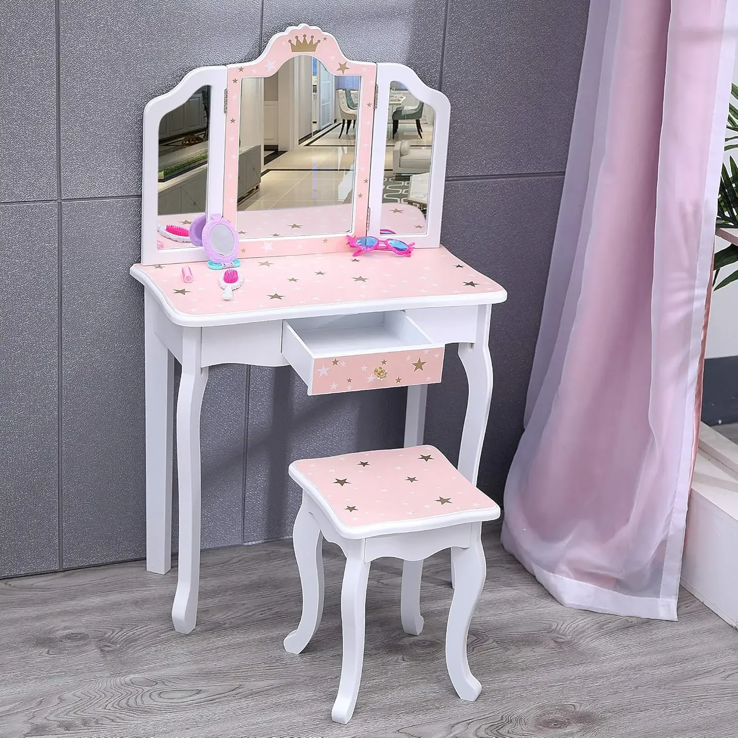 Kids Vanity Table and Chair Set, Girls Vanity Set with Stool, Tri-Folding Mirror, Makeup Dressing Princess Table with Drawer for