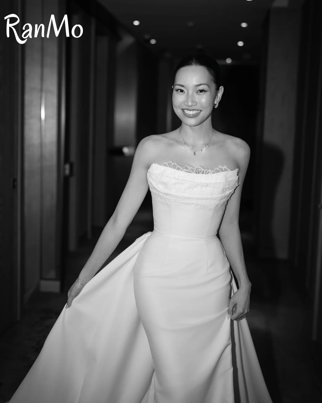 Ranmo sexy branco vestidos de casamento renda querida trem destacável vestido de noiva sereia cetim vestidos de noite de casamento personalizado