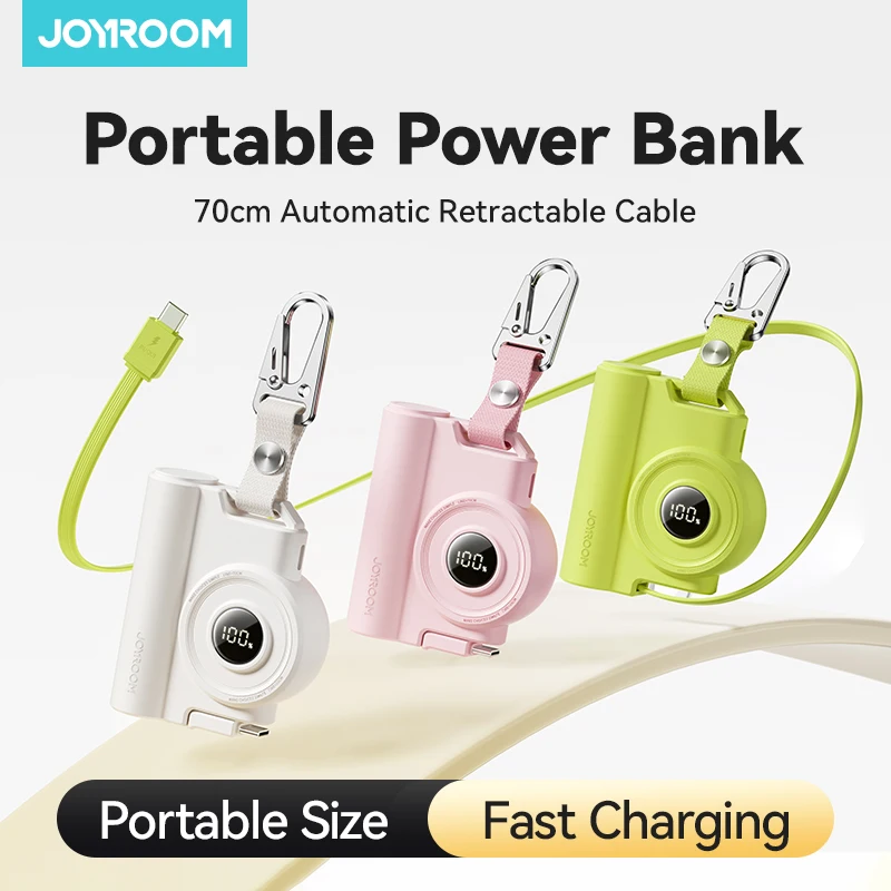 JOYROOM 5000mAh Power Bank 22.5W Digital Display Powerbank With 70cm Retractable Type C Cable Fast Charging For iPhone Samsung