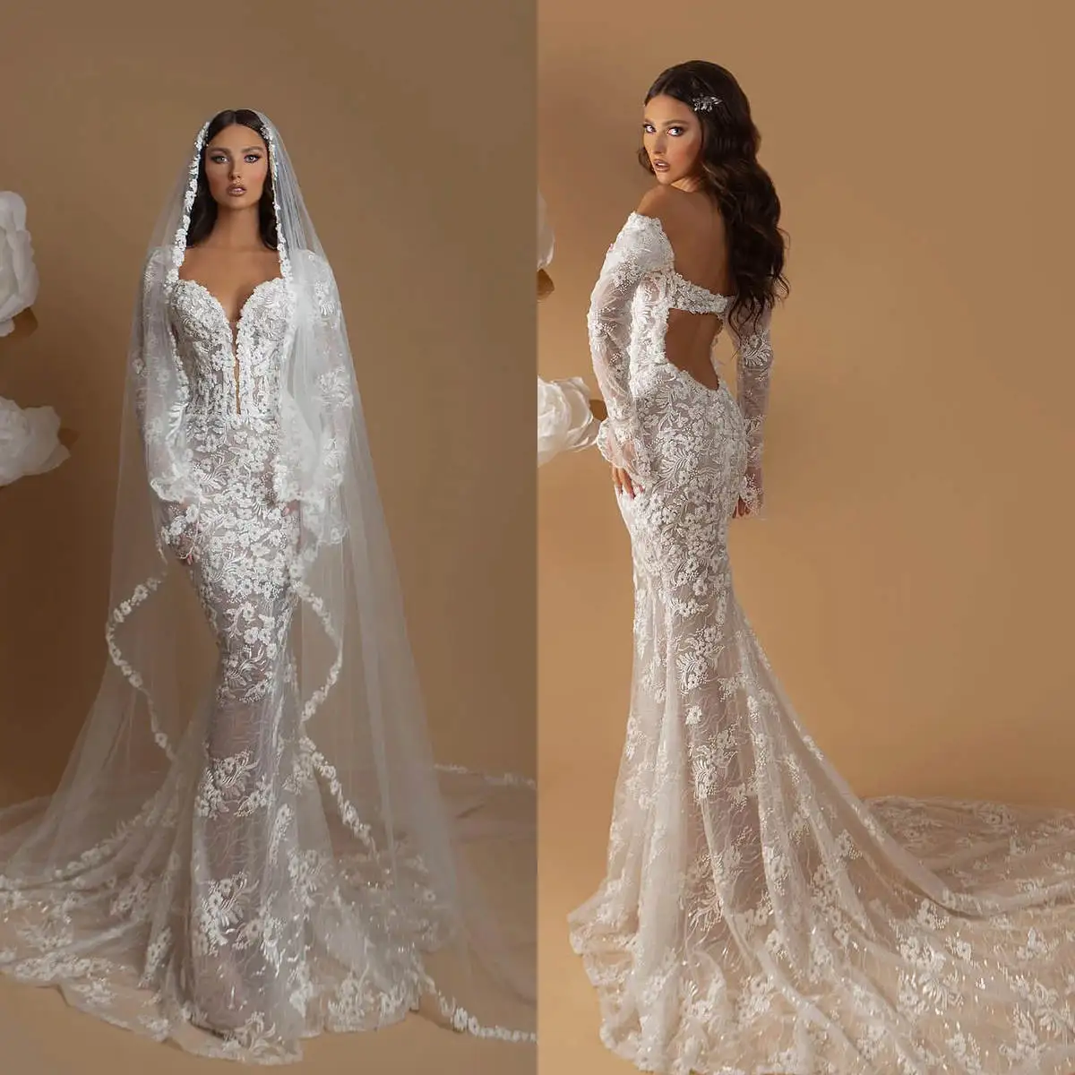 

Sexy Mermaid Wedding Dress With Veil Bling Beading Long Sleeves Bride Gowns Sweep Train Lace Bridal Dresses Custom Made