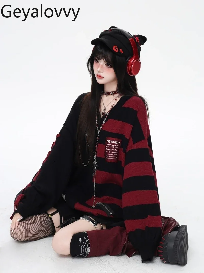 

Осень-зима, новые универсальные милые свитера с длинными рукавами, женский топ в японском стиле, полосатый пуловер с v-образным вырезом и цветными блоками, свитер