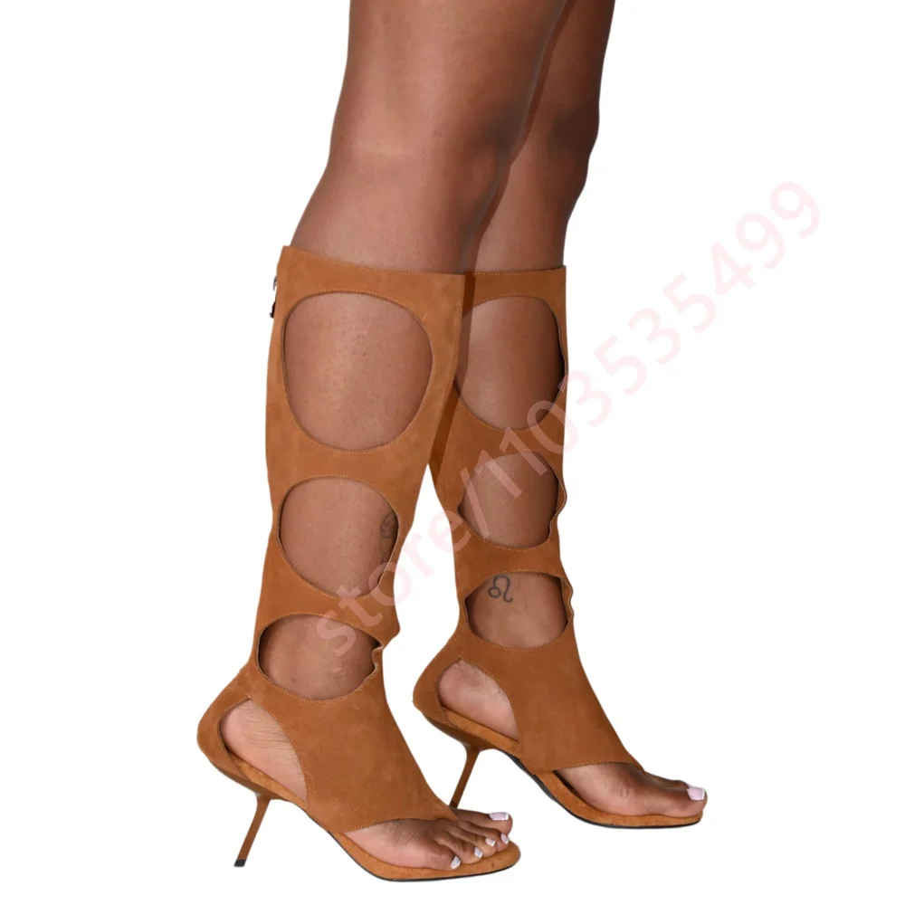 2026 Summer New Zebra Print Cutout Knee High Gladiator Sandals for Women Open Toe Thin Stiletto Heel Back Zip Summer Party Boots - view 3