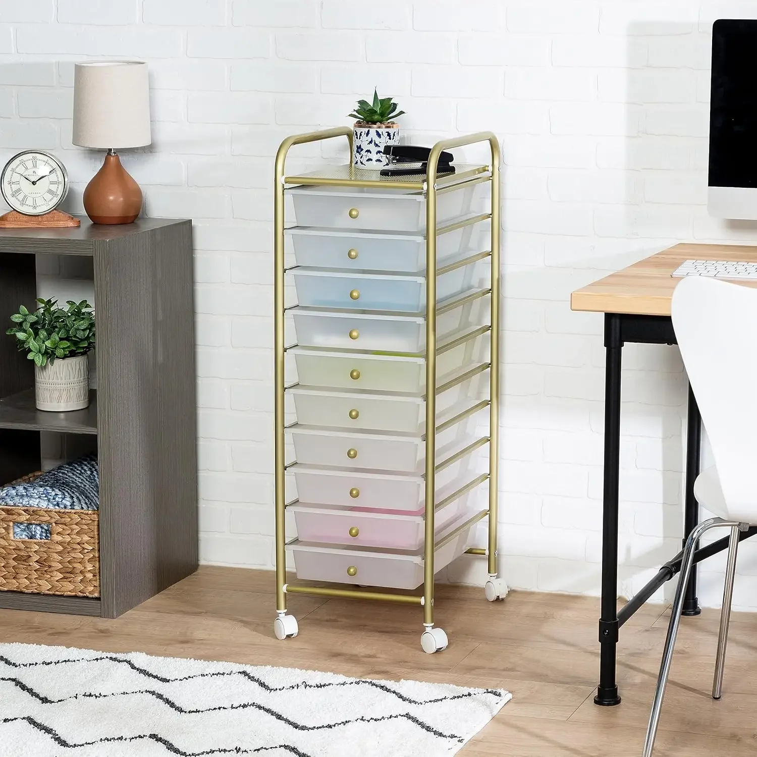 10-Drawer Metal Rolling Storage Cart, Gold CRT-08896 White