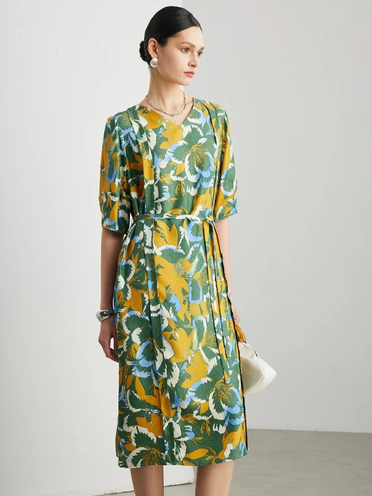 BirdTree, 100% Silk Printed Elegant Dress, Short Sleeve V-neck, Women Twill Silk Sash Dresses, Commute Style, 2026 New D64151JF