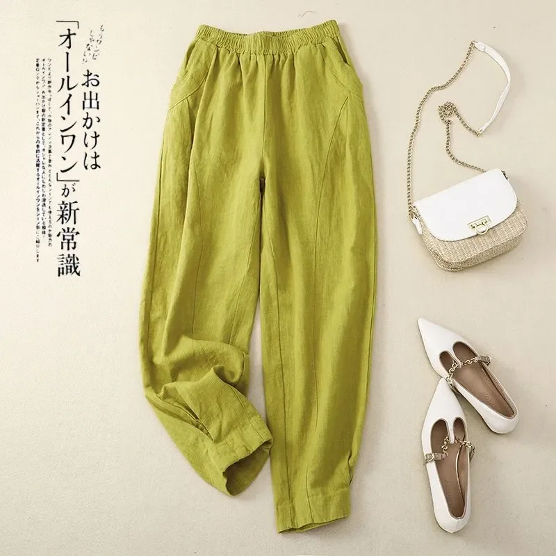 Women's Linen Harem Pants - Elastic Waist Loose-Fit Casual Trousers