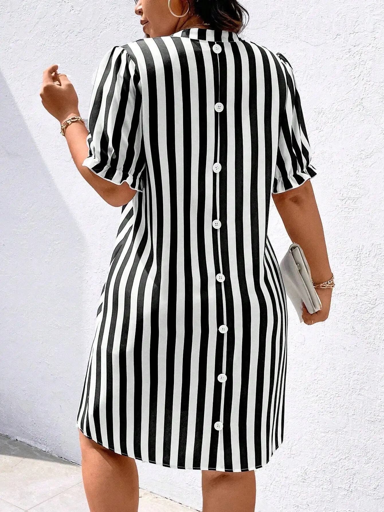 

Casual Striped Notched Neck Puff Sleeve Dress Women Summer